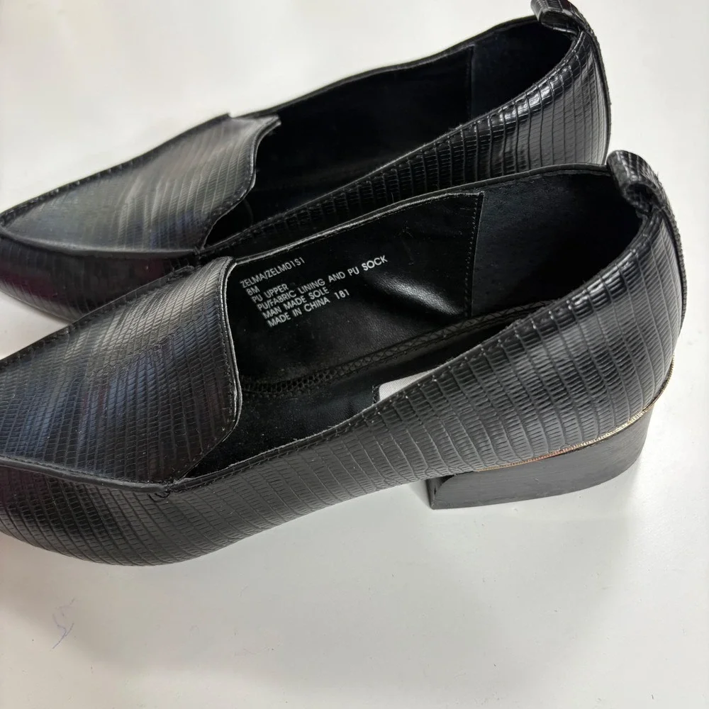 Steve Madden Zelma Black Lizard Embossed Pointed Toe Loafer Gold Detail 8M